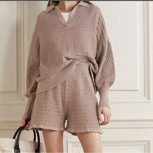 Mr Mittens Lace Polo Pointelle Sweater Almond Grey Tan Collared S/XS